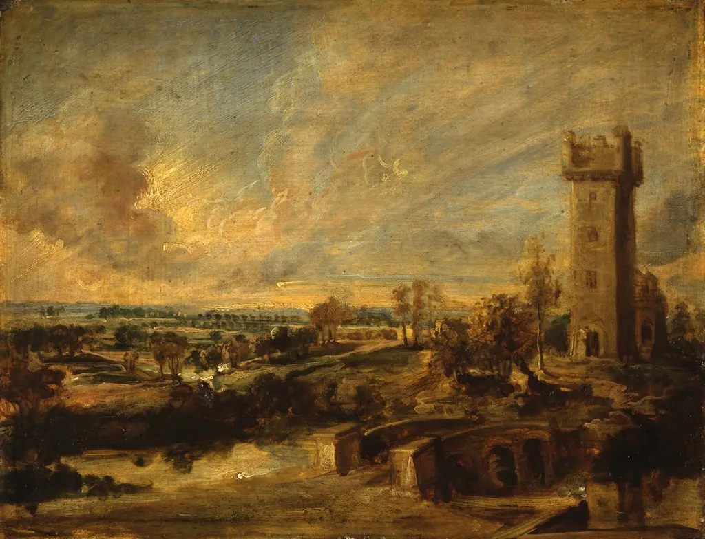 Landscape with Tower, by Peter Paul Rubens, oil, 1640