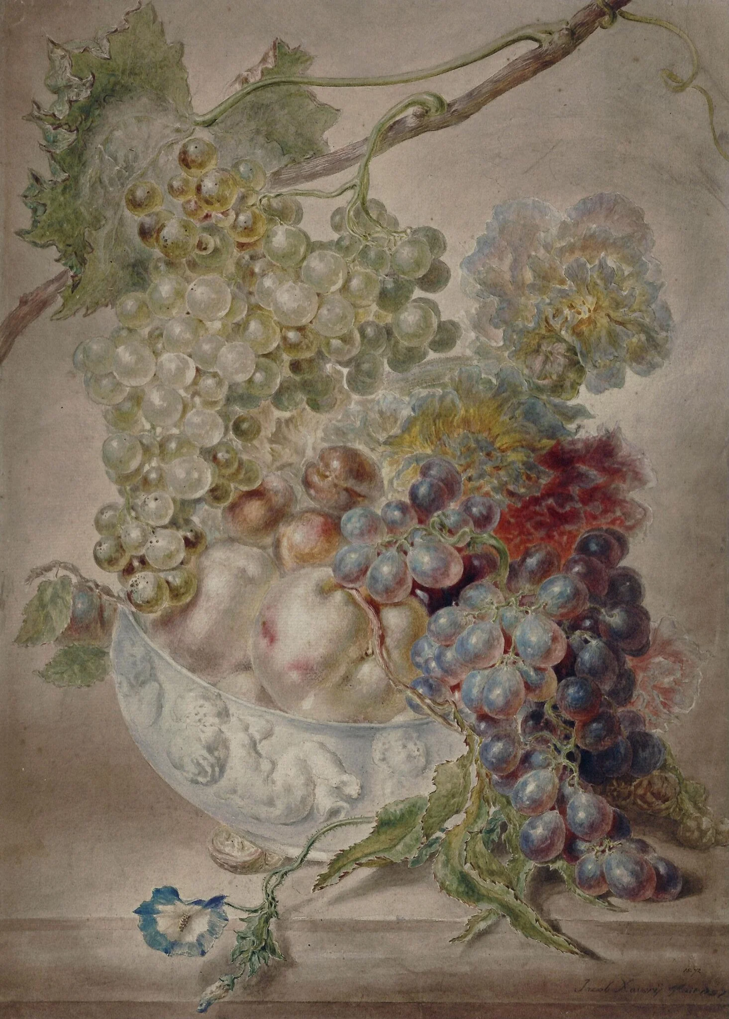 A vase of fruit and a vine branch, detail