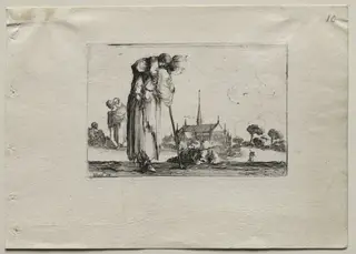 Caprices:  Standing Beggar Woman Carrying a Child on her Back, by Stefano Della Bella, 1642