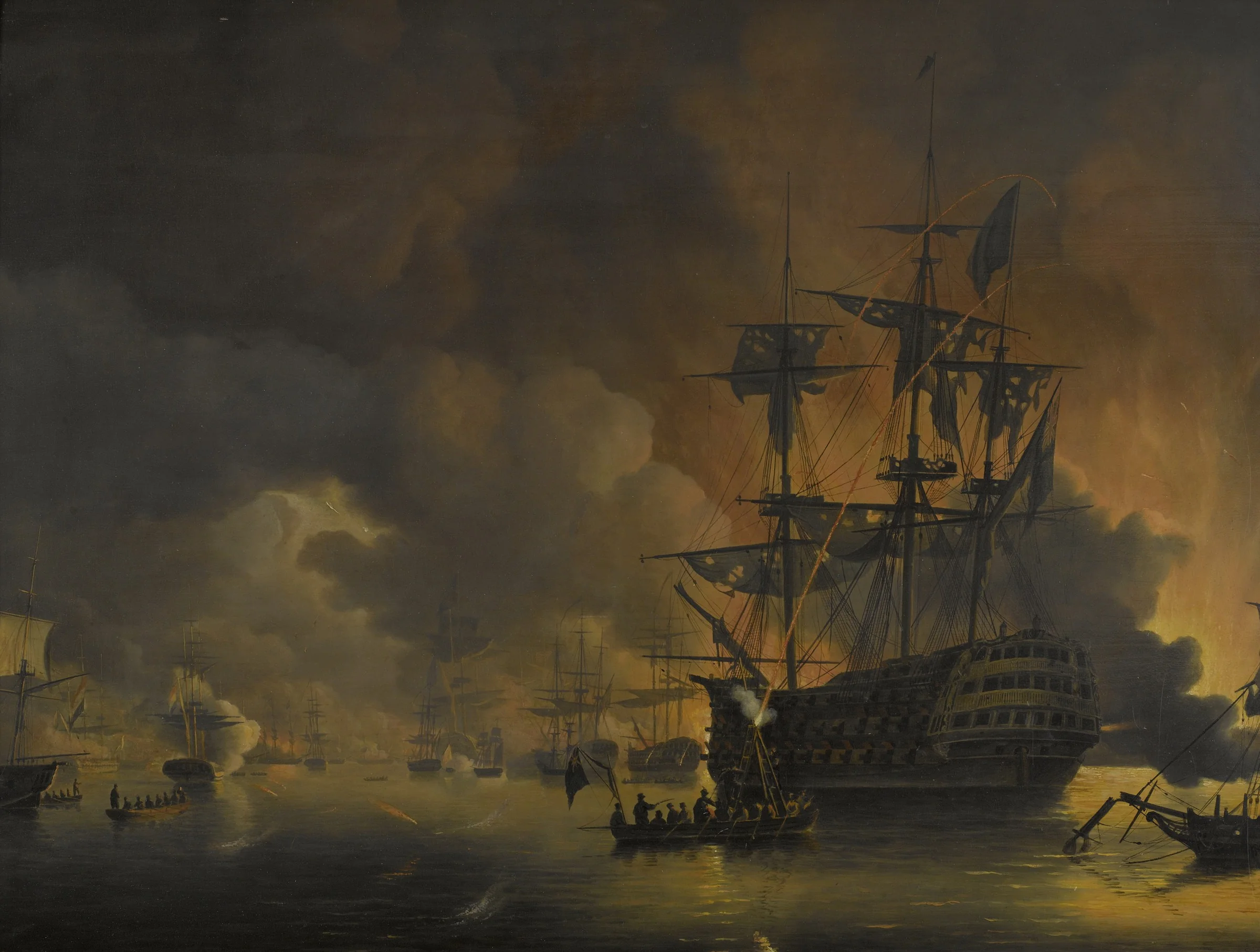 The fire on the Wharves of Algiers, shortly after the commencement of the Bombardment by the Anglo-Dutch Fleet, 27 August 1816, detail