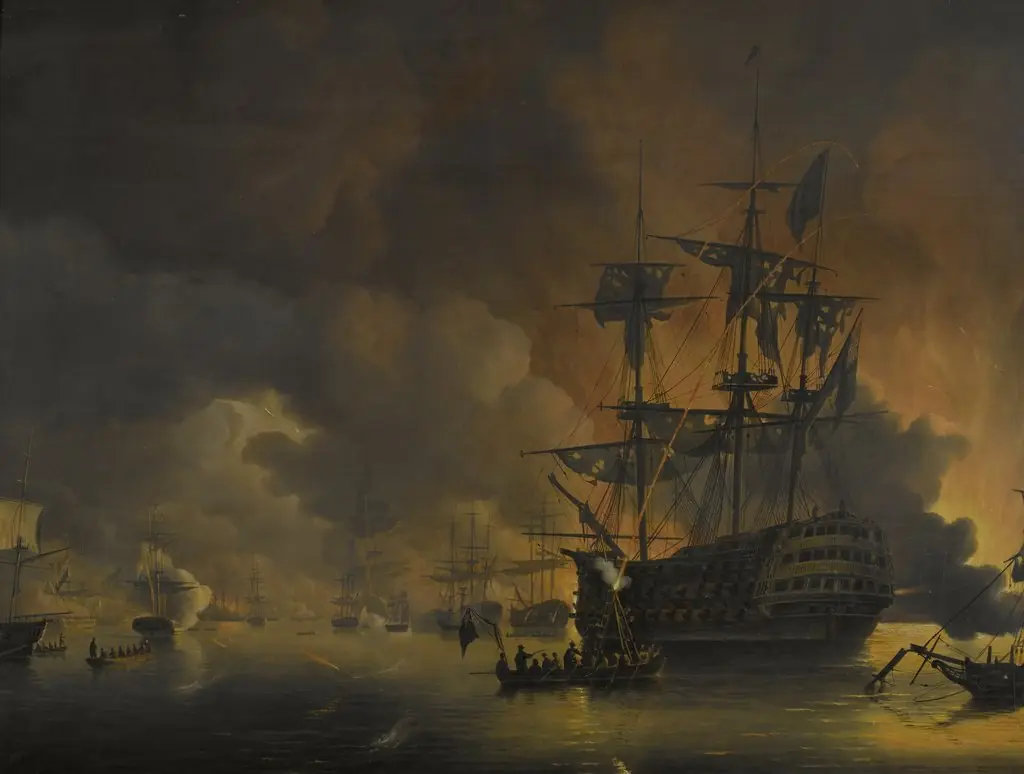 The fire on the Wharves of Algiers, shortly after the commencement of the Bombardment by the Anglo-Dutch Fleet, 27 August 1816, by Nicolaas Baur, oil, 1818