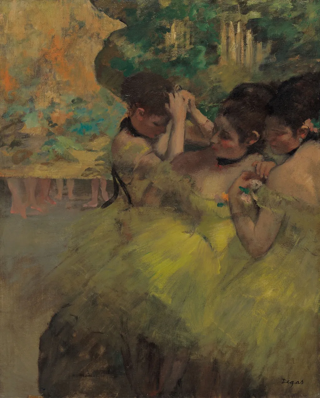 Yellow Dancers (In the Wings), by Edgar Degas, oil, 1875