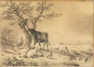 Landscape with Animals and Boy in Tree, by Eugène Verboeckhoven, 1866
