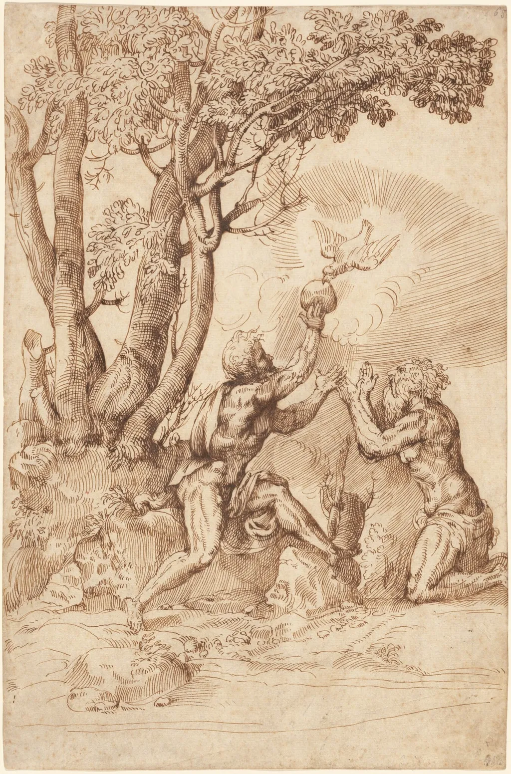 The Hermit Saints Paul and Anthony Receiving Bread from a Dove, by Domenico Campagnola, ink, 1534