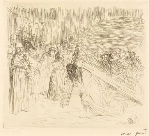 Le Christ portant sa croix (5e planche) (Christ Carrying the Cross) (fifth plate), by Jean-Louis Forain, ink, 1910