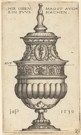 Double Goblet with Oval Medallions of Knights, by Sebald Beham, ink, 1530