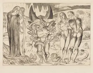 The Circle of the Thieves; Agnolo Brunelleschi Attacked by a Six-Footed Serpent, by William Blake, ink, 1827