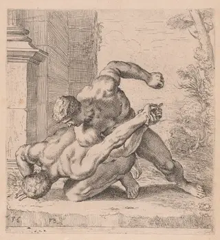 The Medici Wrestlers, side view, turned to left [plate 36], by François Perrier, ink, 1638