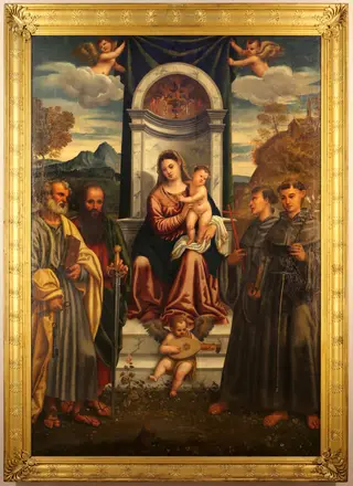 Virgin and Child enthroned with SS. Peter, Paul, Francis and Anthony of Padua, by Francesco Vecellio, paint, 1520