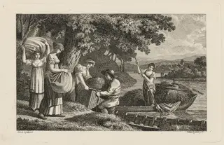 A Group of Peasants Loading Hay onto Boats, by Heinrich Carl Reinhold, ink, 1816