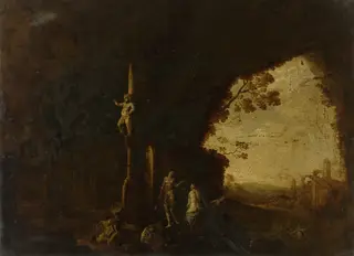 Nymphs in a cave with antique ruins, by Petrus van Hattich, oil, 1640