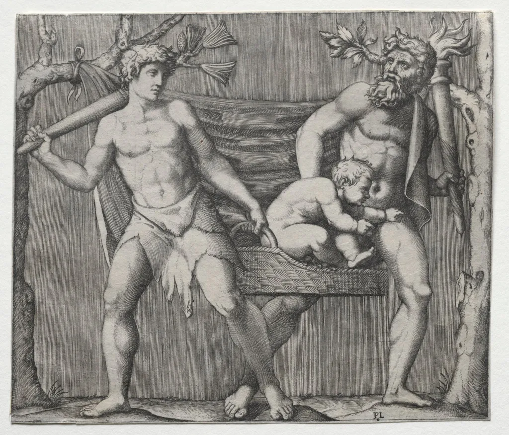 Two Fauns Carrying a Child in a Basket, by Marcantonio Raimondi, 1514
