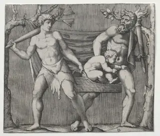 Two Fauns Carrying a Child in a Basket, by Marcantonio Raimondi, 1514