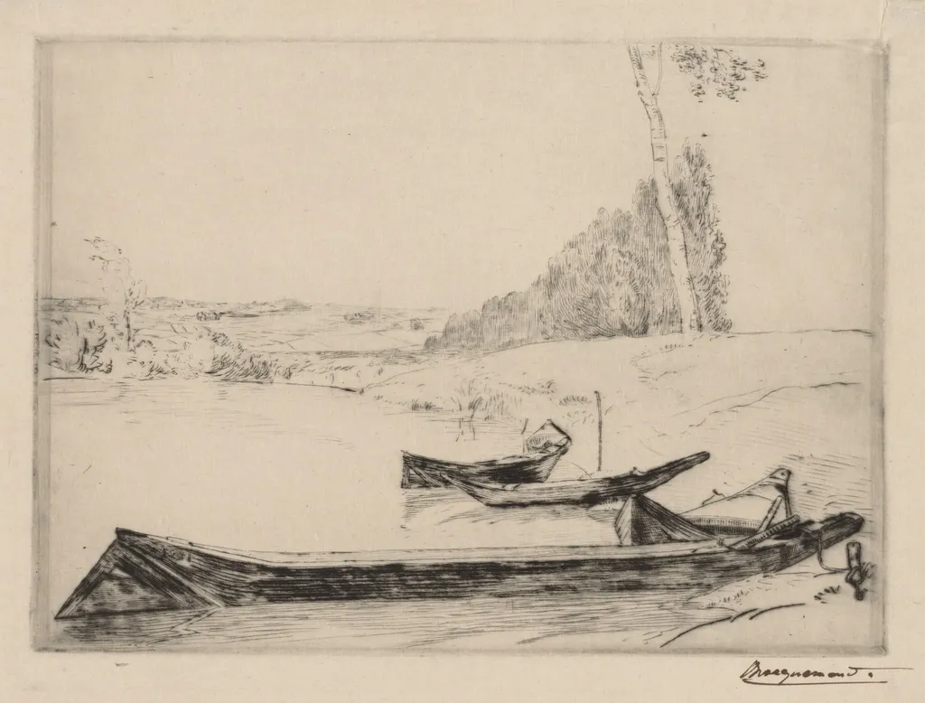 Small ferry-boats on the banks oft he Seine, by Félix Bracquemond, 1858
