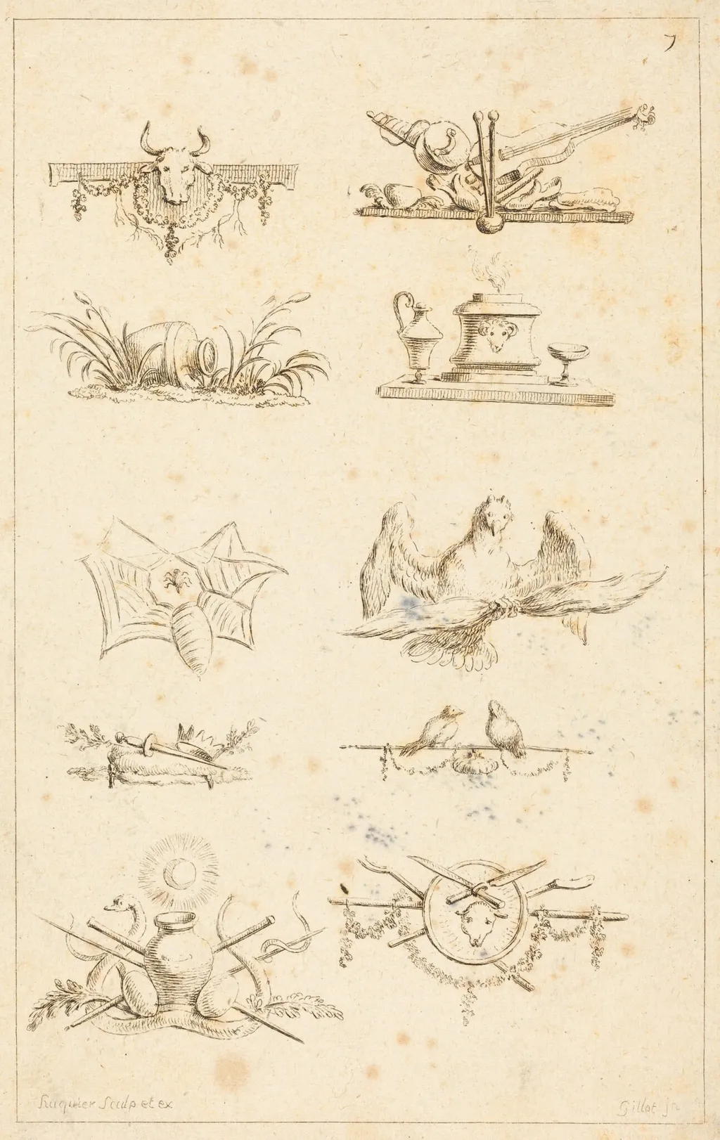 Designs for Tail-Pieces: pl. 7, by Gabriel Huquier, ink, 1730