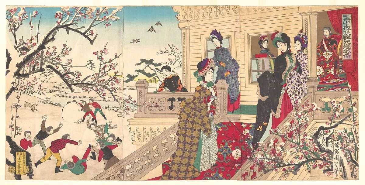 『雪中梅荘群児遊戯 図』|Children Playing in the Snow under Plum Trees in Bloom (Secchū baisō gunji yūgi zu), detail