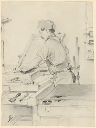 Self-Portrait Working at a Lithographic Press, by Julius the Elder Adam, graphite, 1847