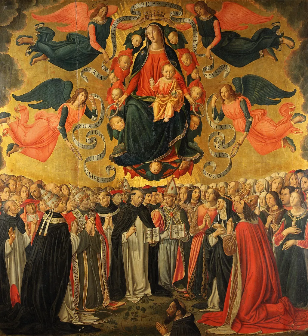 The Virgin with the Blessing Child in Glory,  adored by Angels, Saints, Prayers and a Donor, by Cosimo Rosselli, paint, 1498