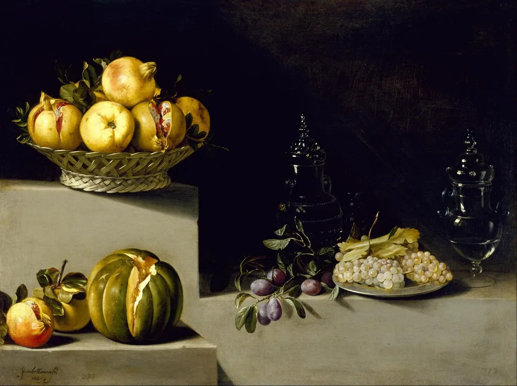 Still Life with Fruit and Glassware, by Juan van der Hamen, oil, 1626