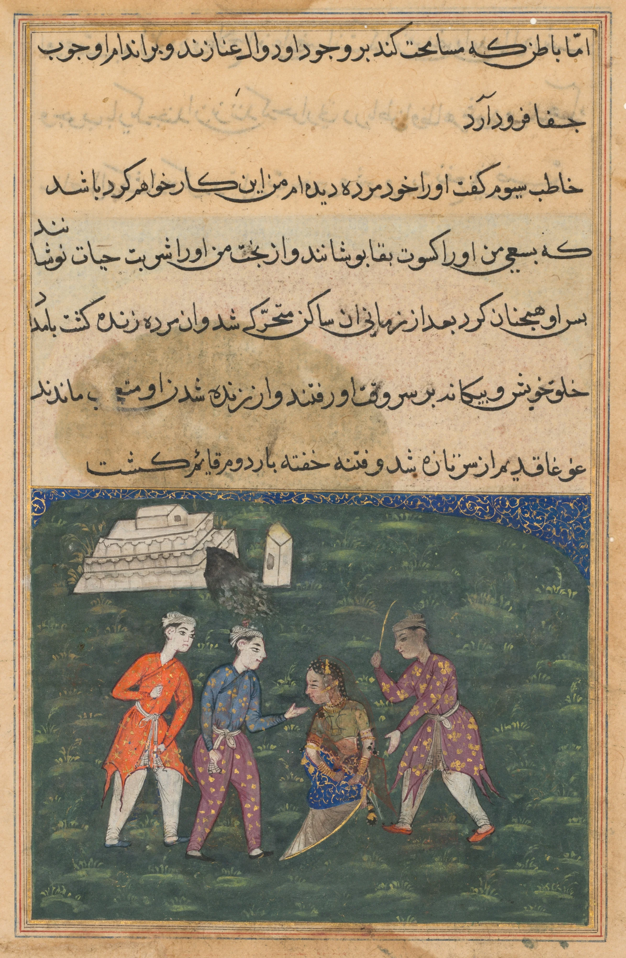 The third suitor strikes the devotee’s daughter and thus restores her to life, from a Tuti-nama (Tales of a Parrot): Twentieth Night, detail