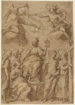 Ecclesia Surrounded by Angels Holding the Instruments of the Passion, by Bernardo Strozzi, chalk, 1613