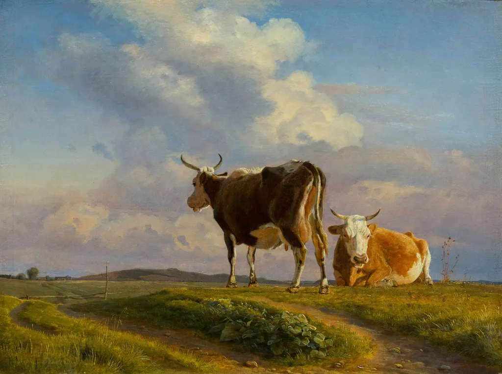 Two Cows in an Open Field, by Johan Lundbye, oil, 1845