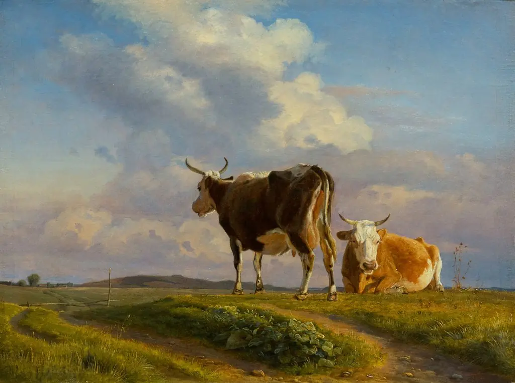 Two Cows in an Open Field, by Johan Lundbye, oil, 1845
