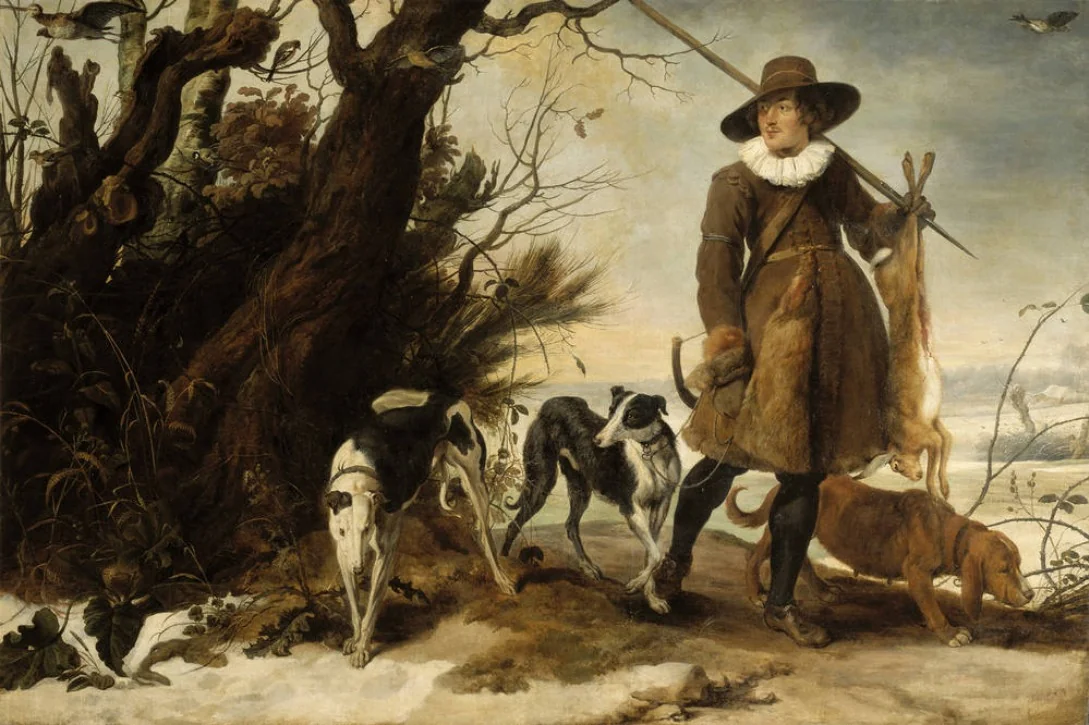 Hunter in a Winter Landscape with Dogs, detail