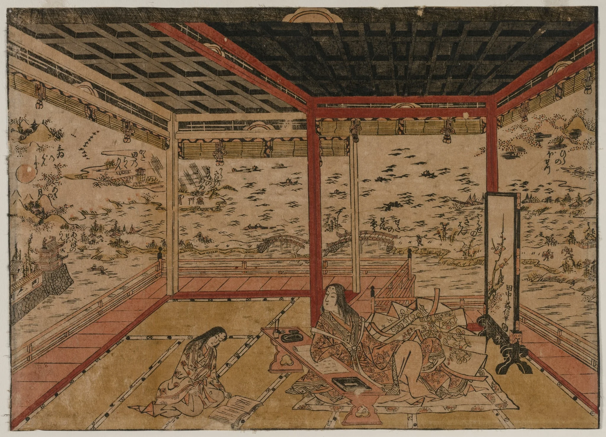 Lady Murasaki at Ishiyama Overlooking a Panorama with Eight Views of Lake Biwa, detail