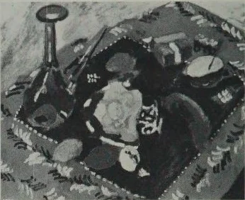 Dishes and Fruit on a Red and Black Carpet (Le Tapis Rouge), detail