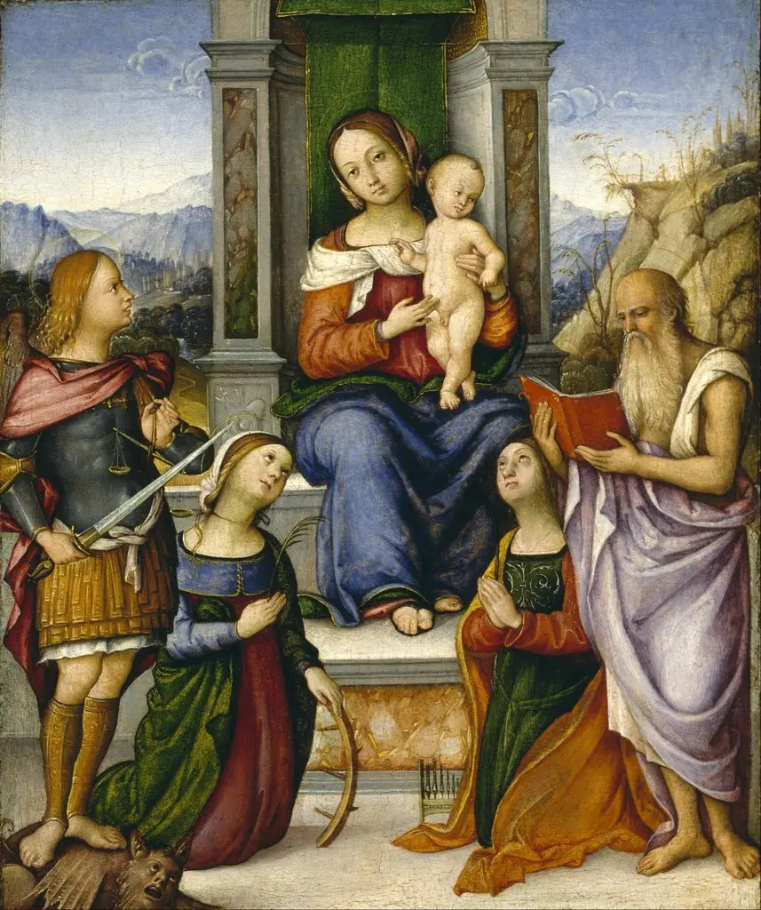 The Virgin and Child Enthroned with Saints Michael, Catherine of Alexandria, Cecilia, and Jerome, by Girolamo Marchesi, oil, 1512