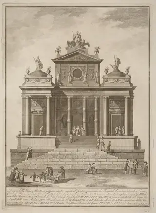 The Prima Macchina for the Chinea of 1785: The Temple of Jupiter Begun by Tarquinius Priscus with the Marvel of Accius Naevius, by Francesco Barbazza, ink, 1785