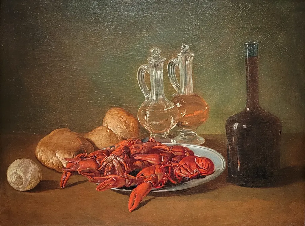 Still Life with Pewter Plate, Shrimps, a Lemon, Glass Cruets, Bread and a Bottle of Wine, by Giacomo Ceruti, unspecified, 1750