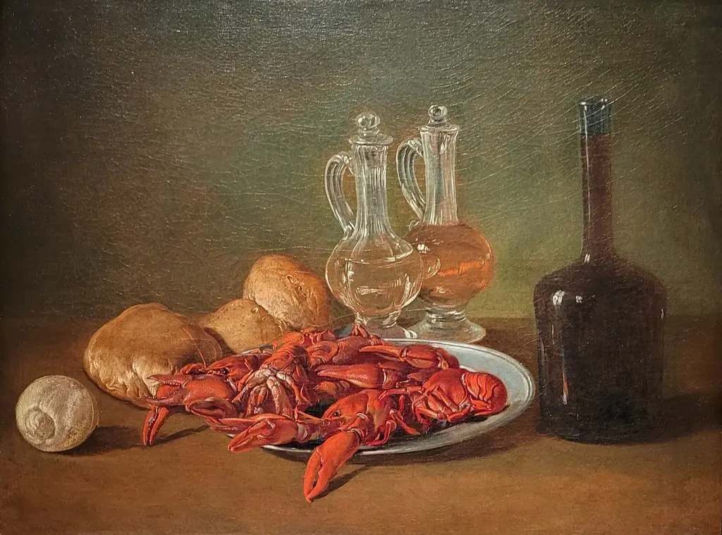 Still Life with Pewter Plate, Shrimps, a Lemon, Glass Cruets, Bread and a Bottle of Wine, by Giacomo Ceruti, unspecified, 1750