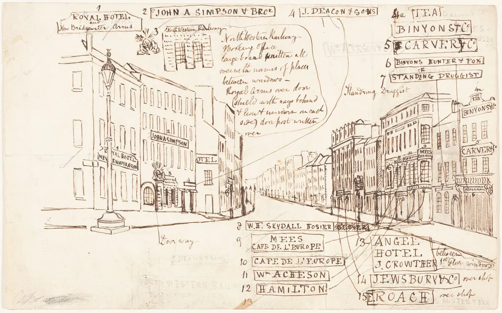 Street Perspective with Places of Business Labeled, by George Cruikshank, ink, 1835