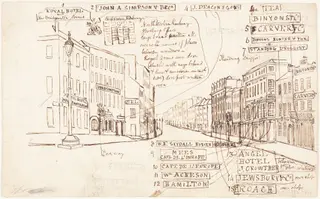 Street Perspective with Places of Business Labeled, by George Cruikshank, ink, 1835