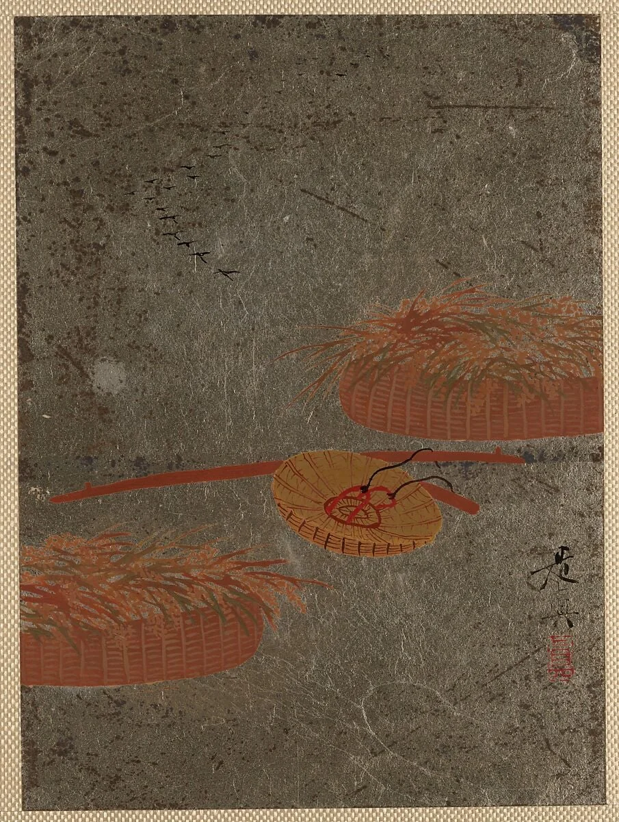 柴田是真筆籠・菅笠図|Flower Baskets and Farmer's Hat, detail