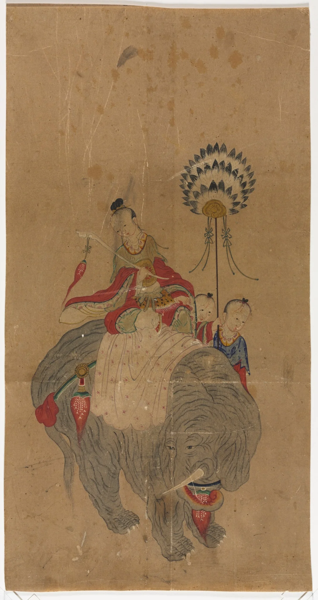 Samantabhadra on an Elephant with Two Attendants, detail