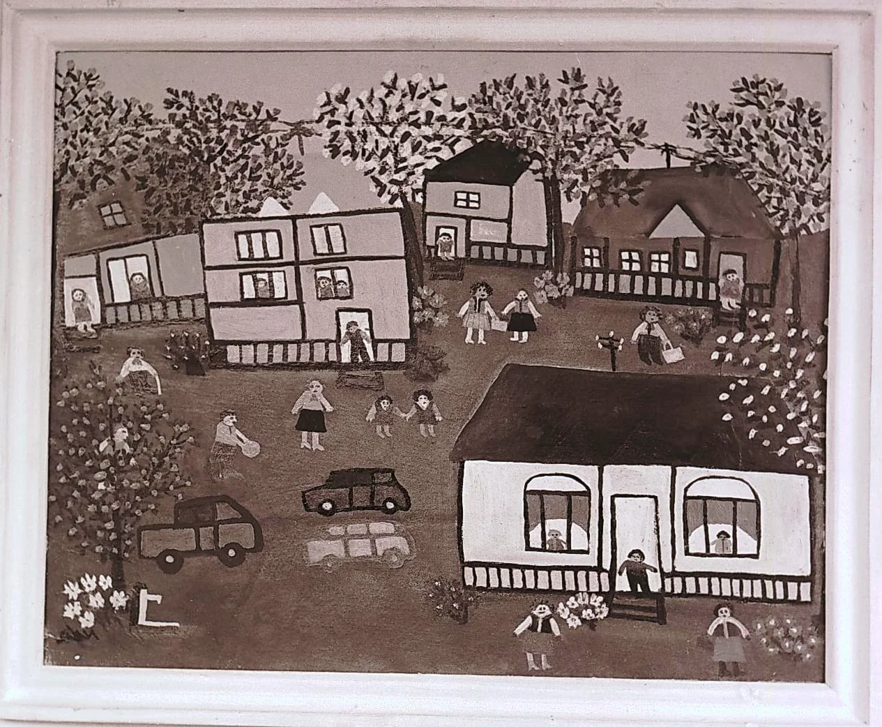 Sequences from the Village Museum, naive painting by Aurora Năfornițe - New houses (1988), detail