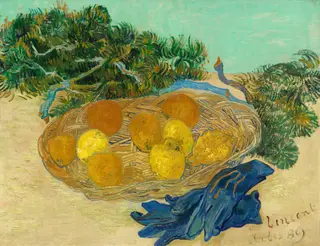 Still Life of Oranges and Lemons with Blue Gloves, by Vincent van Gogh, oil, 1889