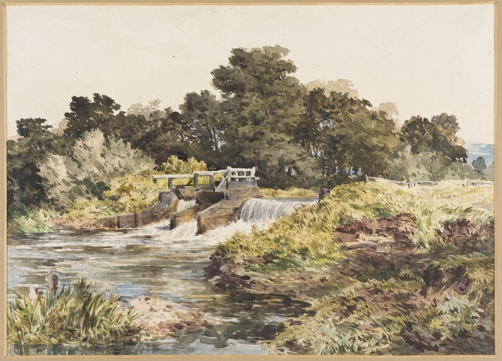 Study from nature: The Weir, by Charles Claude Pyne, watercolor, 1850
