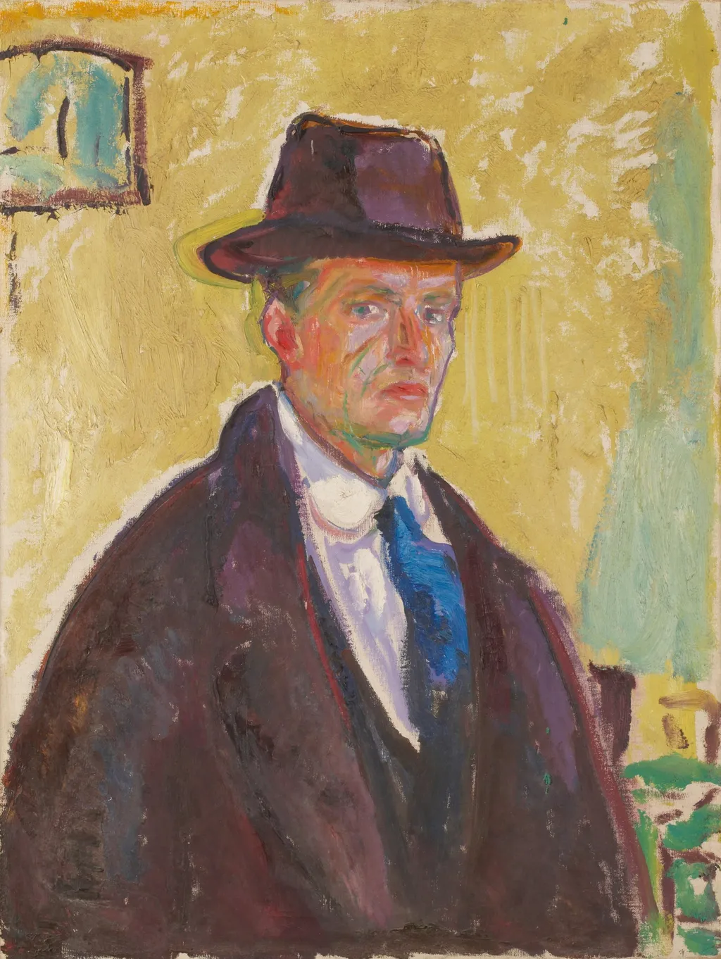 Self-Portrait in Hat and Coat, by Edvard Munch, oil, 1915