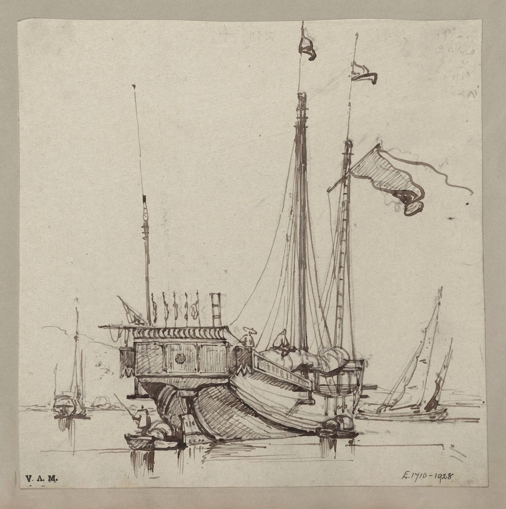 A junk with flag aloft and pennants along the stern, detail