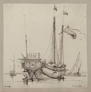 A junk with flag aloft and pennants along the stern, by George Chinnery, 1834