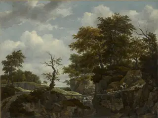 Landscape with Bridge, Cattle, and Figures, by Jacob van Ruisdael, oil, 1660