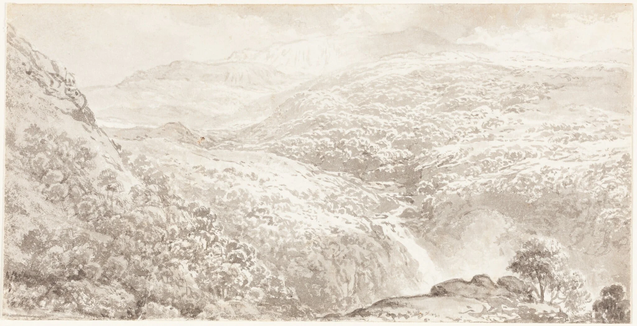 A Mountain Valley with a Waterfall, detail