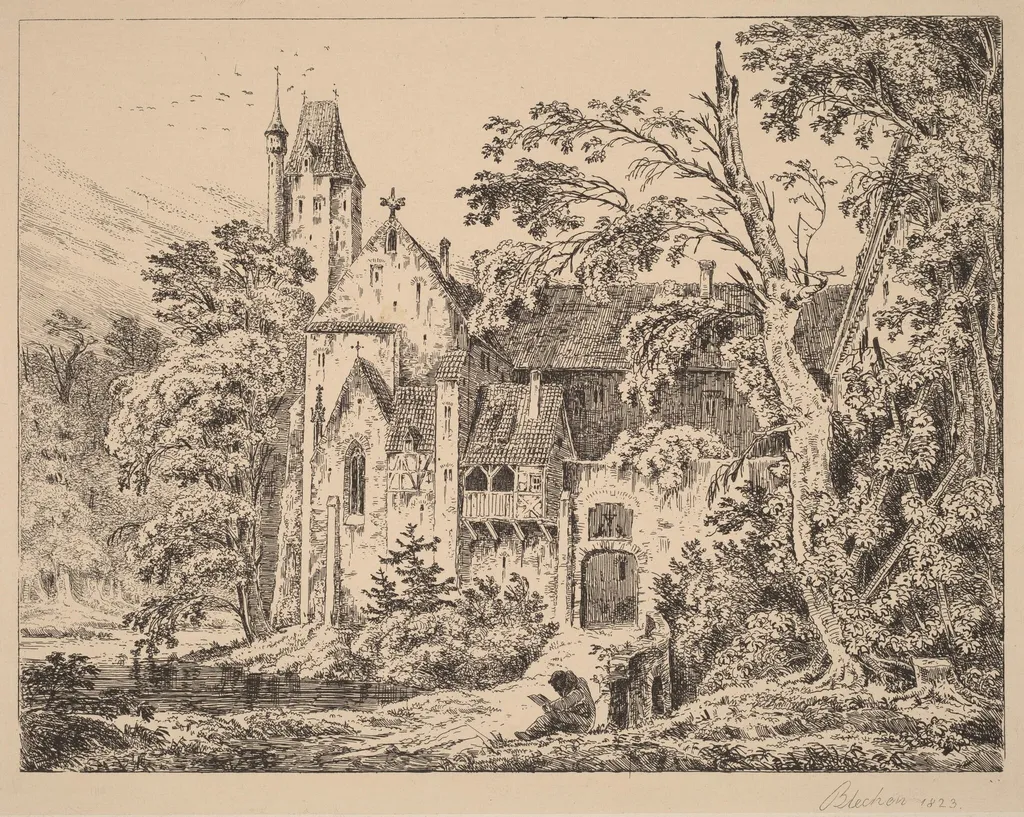 The Monastery in the Forest, by Carl Blechen, ink, 1823