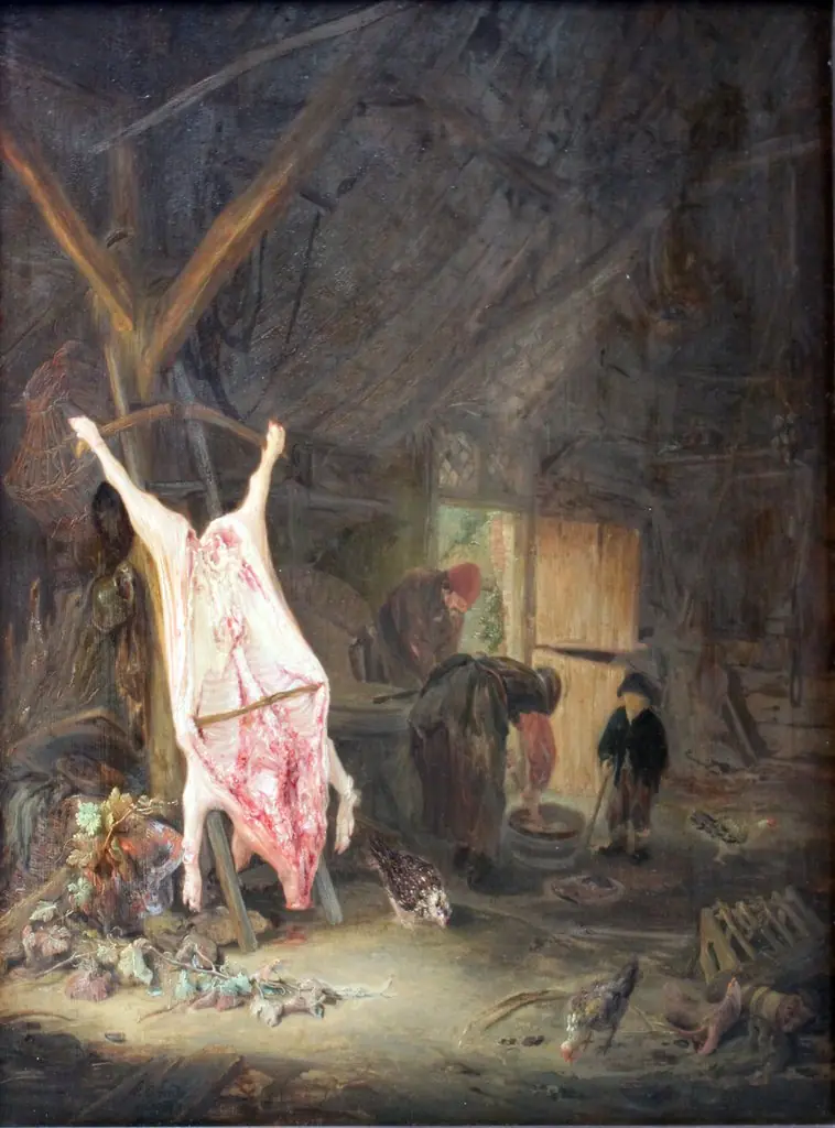 Slaughtered Pig in a Barn, by Adriaen van Ostade, oil, 1643
