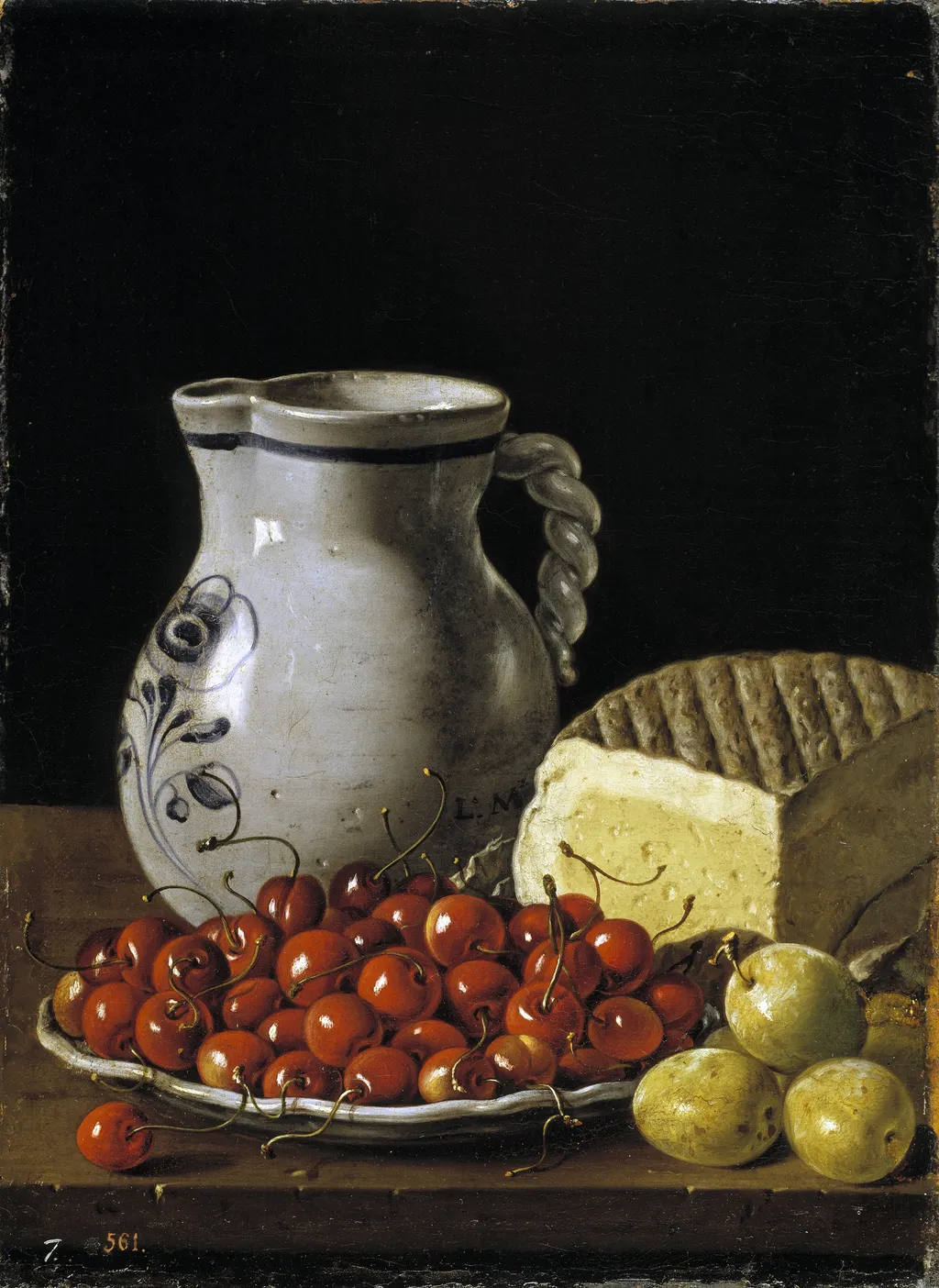 Still Life with a Plate of Cherries Plums a Pitcher and Cheese, by Luis Egidio Meléndez, oil, 1760