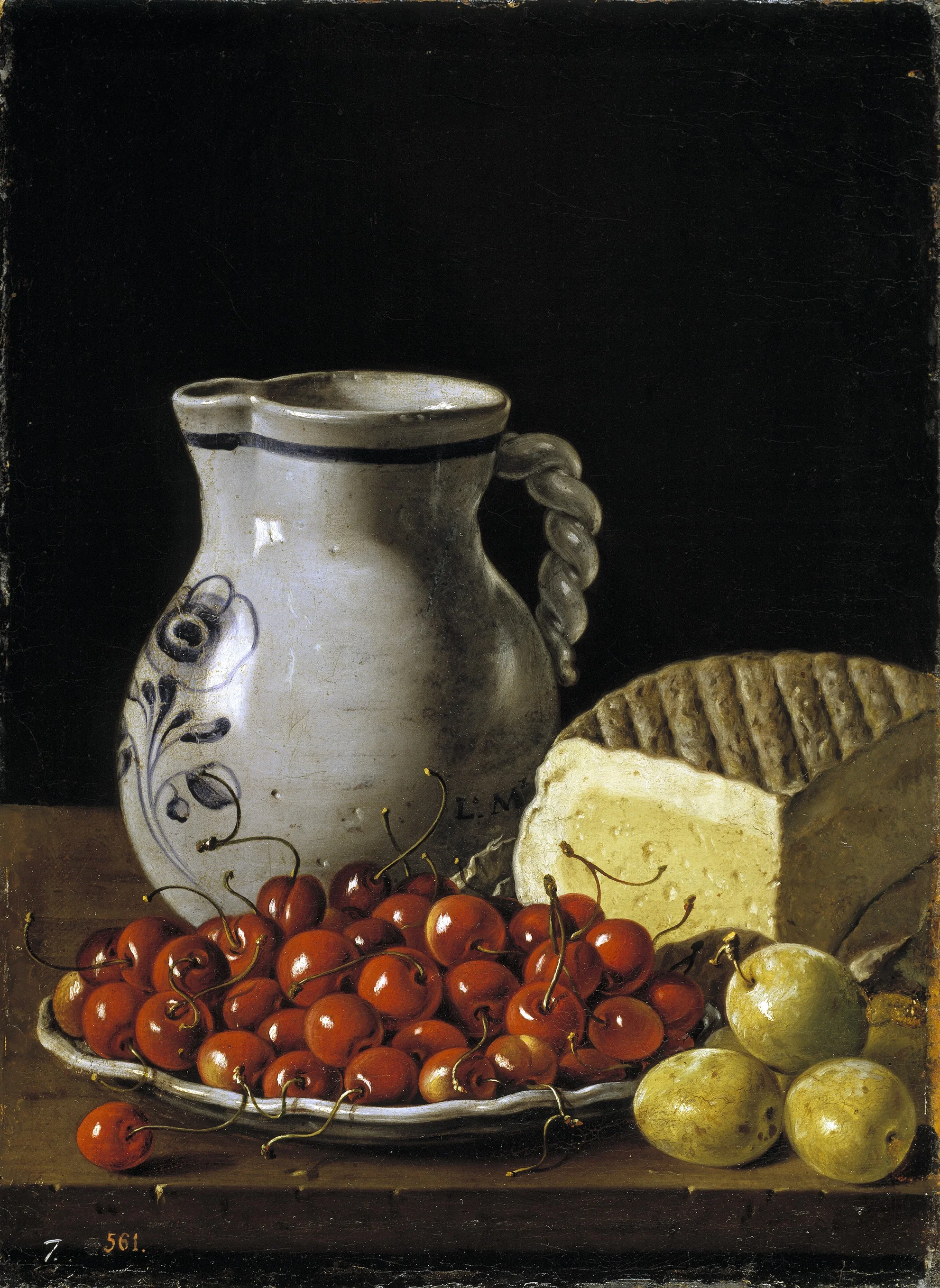 Still Life with a Plate of Cherries Plums a Pitcher and Cheese, detail
